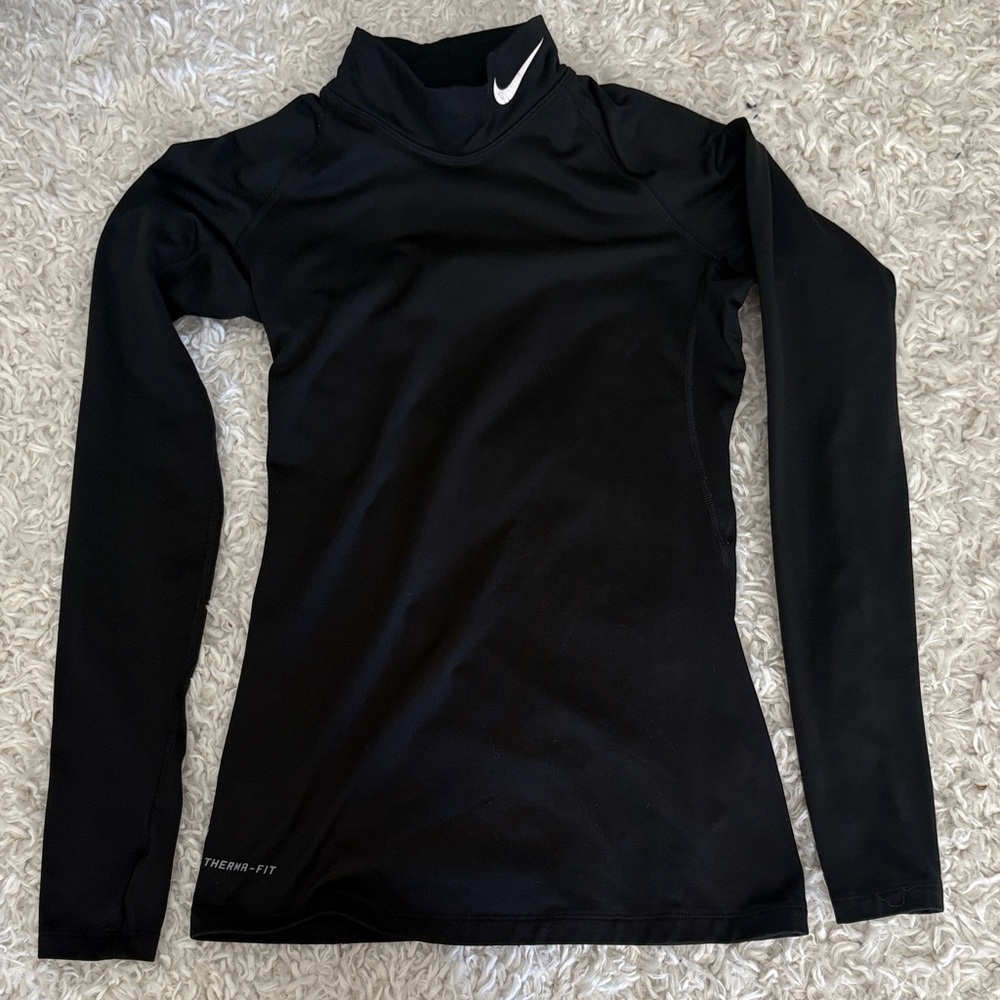 Nike Women’s Black Long-Sleeve Thermal Top with White Swoosh Collar